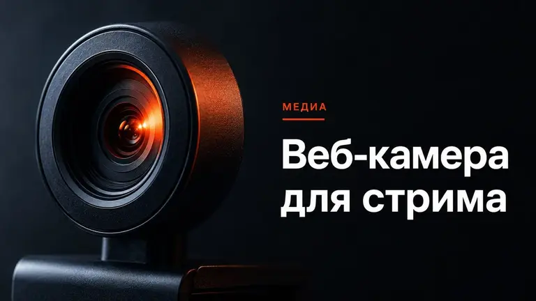 Веб-камера крупным планом в тёмной студийной подсветке с оранжевым бликом на стекле объектива