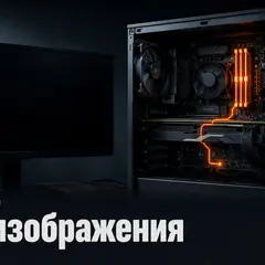 Открытый системный блок рядом с пустым монитором и оранжевой линией диагностики по компонентам