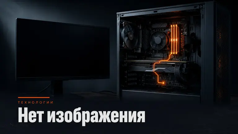 Открытый системный блок рядом с пустым монитором и оранжевой линией диагностики по компонентам