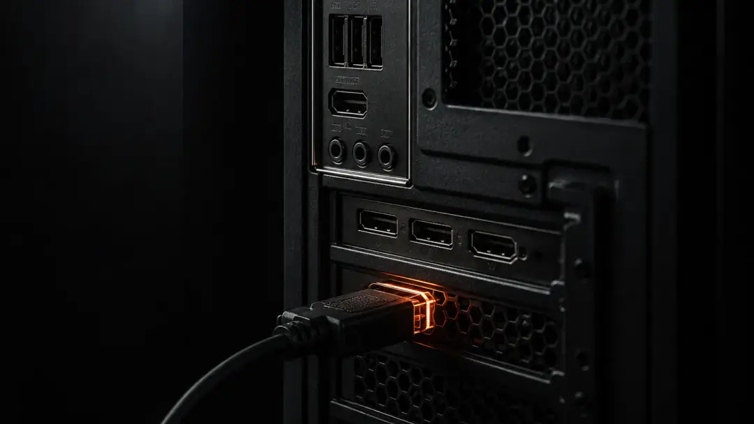 HDMI-кабель подключён к нижнему разъёму дискретной видеокарты на задней панели ПК