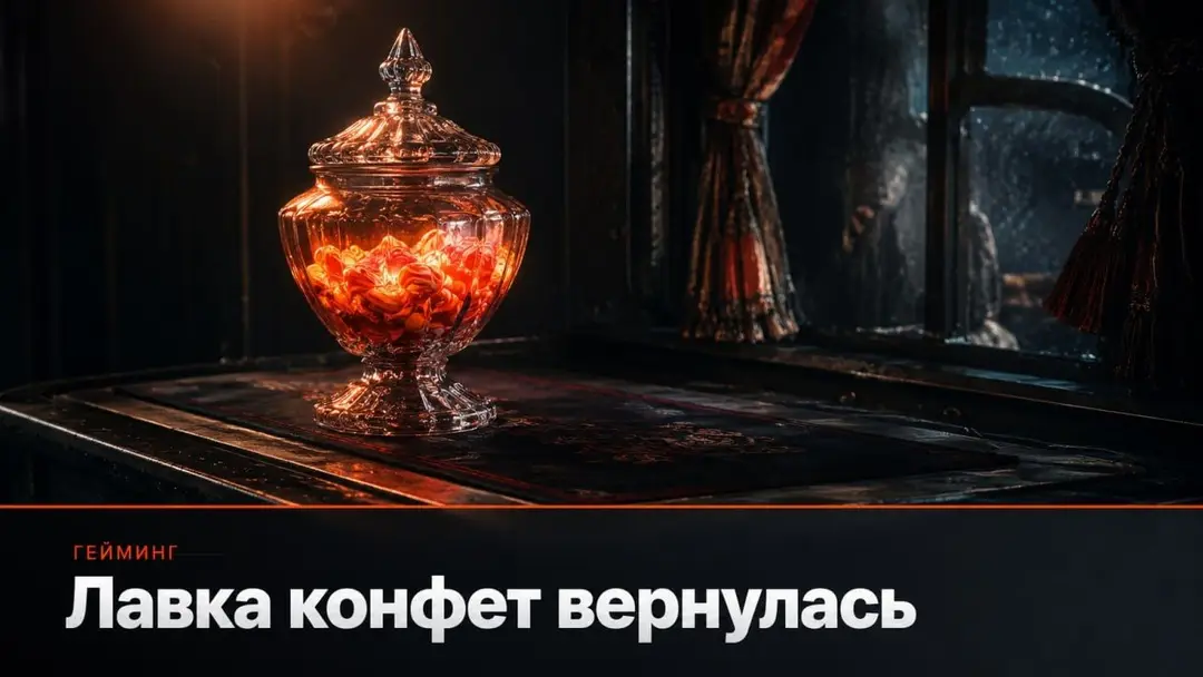 Старинная стеклянная банка с конфетами в тёплом оранжевом свете на тёмном столе циркового поезда