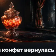 Старинная стеклянная банка с конфетами в тёплом оранжевом свете на тёмном столе циркового поезда