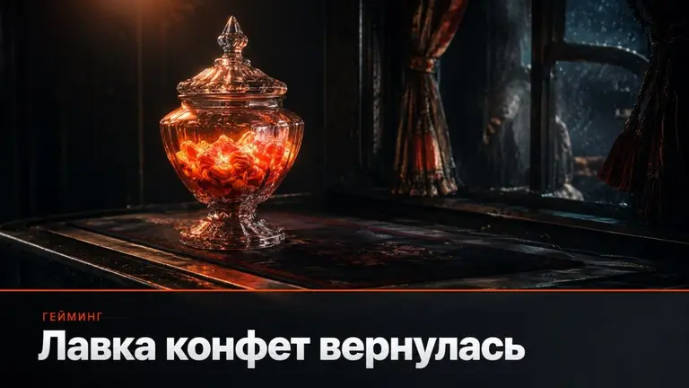 Старинная стеклянная банка с конфетами в тёплом оранжевом свете на тёмном столе циркового поезда