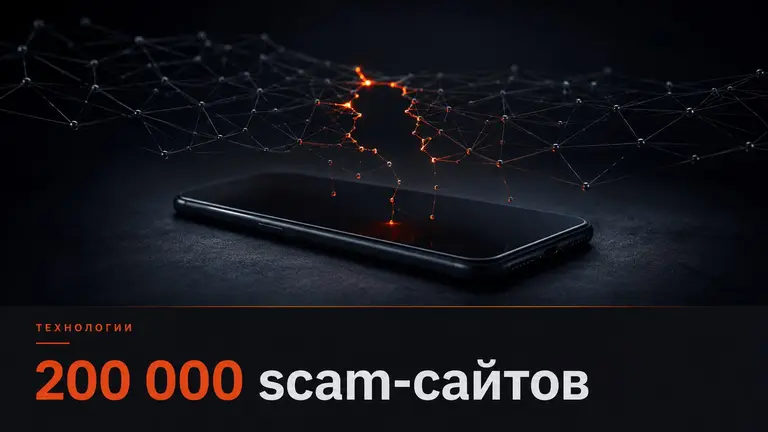 Смартфон и абстрактная сеть фишинговых узлов как символ scam-инфраструктуры