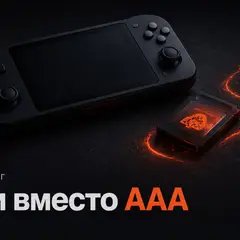 Тёмная портативная консоль и светящийся инди-картридж как символ альтернативы AAA