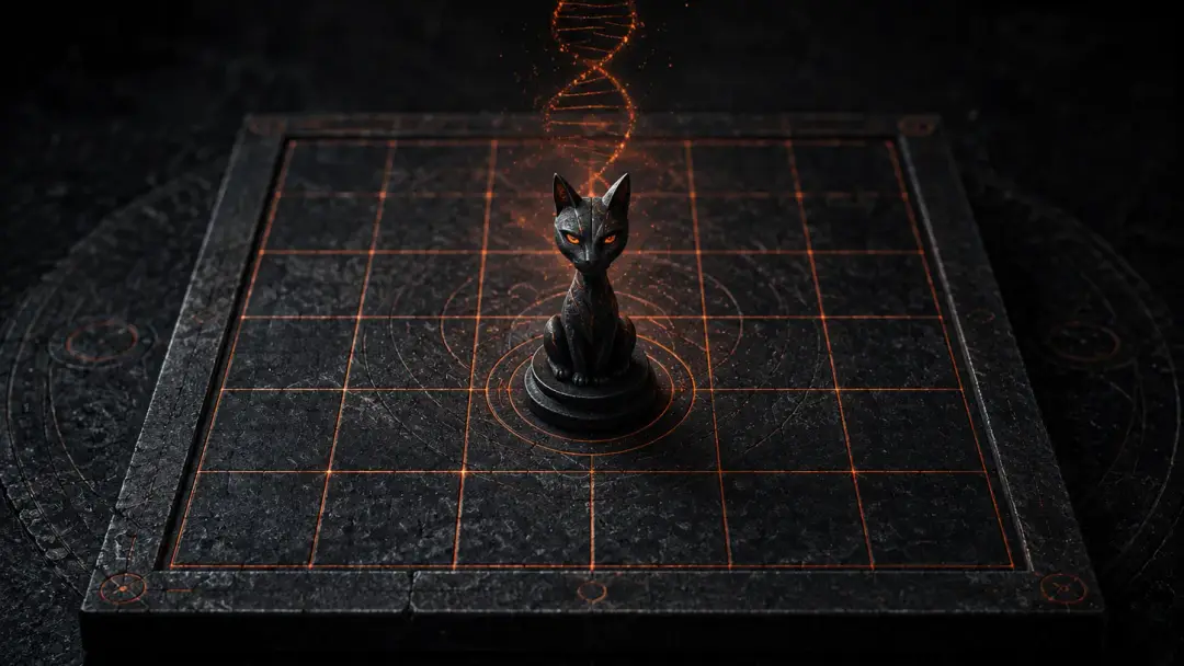 Кошачья фигура на тёмной тактической доске как символ Mewgenics