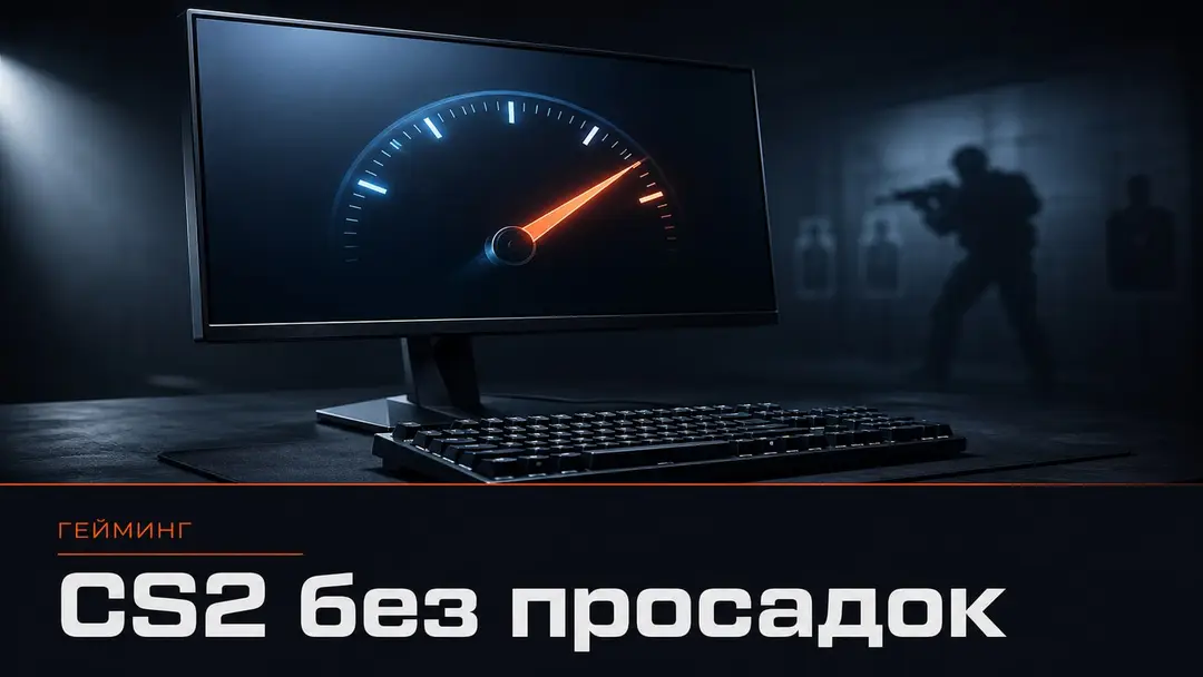 Игровой монитор с абстрактным индикатором FPS в тёмной студийной подсветке
