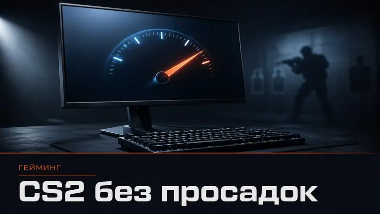Игровой монитор с абстрактным индикатором FPS в тёмной студийной подсветке