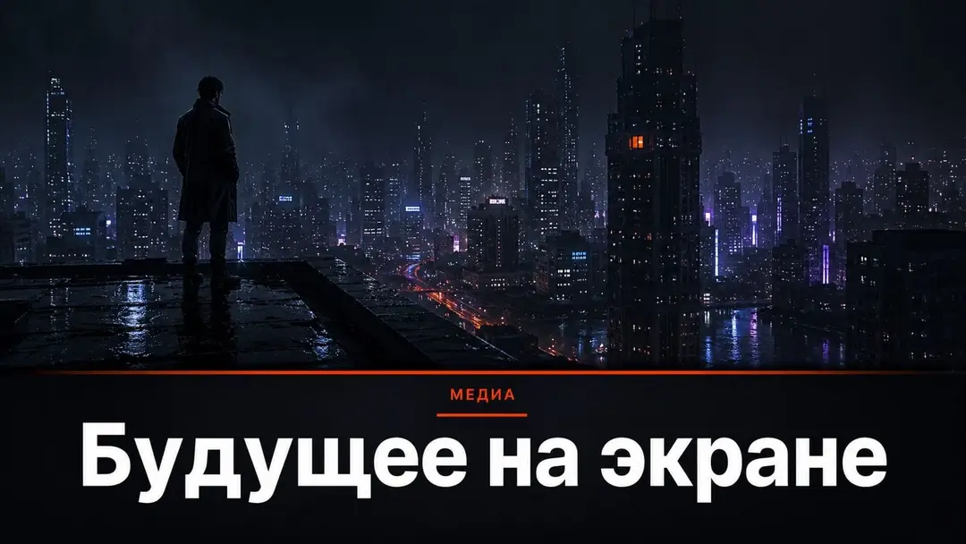 Одиночная фигура на крыше ночного города, неоновые отражения в дожде, кинематографичная атмосфера