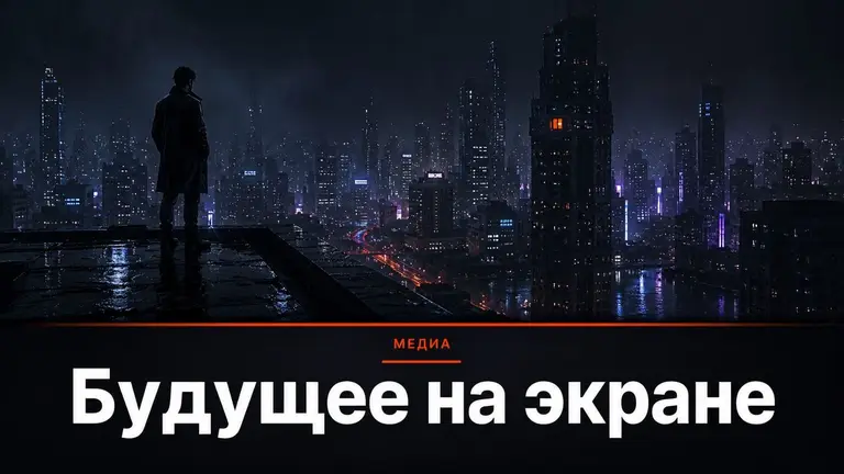 Одиночная фигура на крыше ночного города, неоновые отражения в дожде, кинематографичная атмосфера