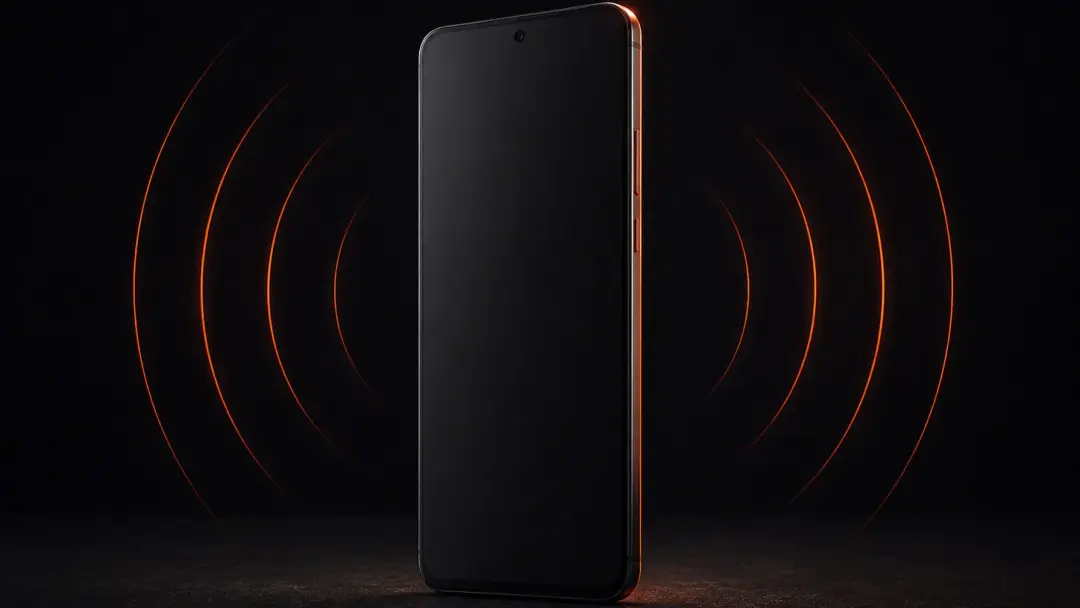 Смартфон с абстрактным 5G-сигналом на тёмном фоне