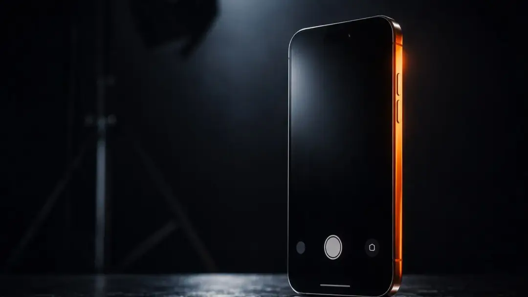 iPhone в тёмной премиальной студийной съёмке с оранжевым светом по корпусу
