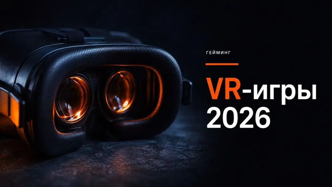 VR-шлем в тёмной студийной подсветке с оранжевым акцентом на линзах
