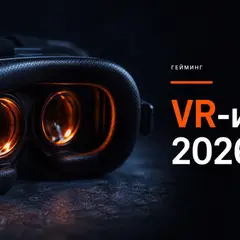 VR-шлем в тёмной студийной подсветке с оранжевым акцентом на линзах