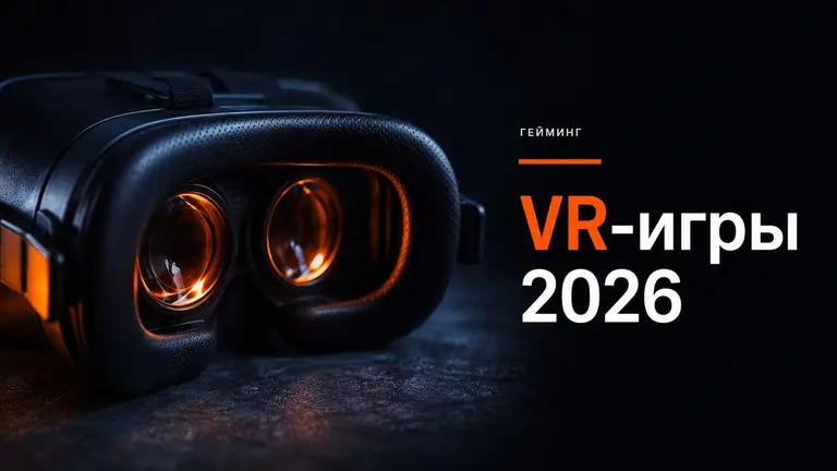 VR-шлем в тёмной студийной подсветке с оранжевым акцентом на линзах