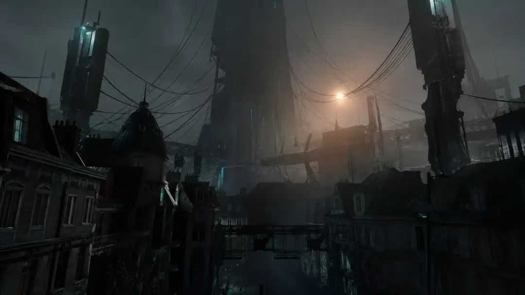 Тёмный городской пейзаж в стиле Half-Life: Alyx с густым туманом