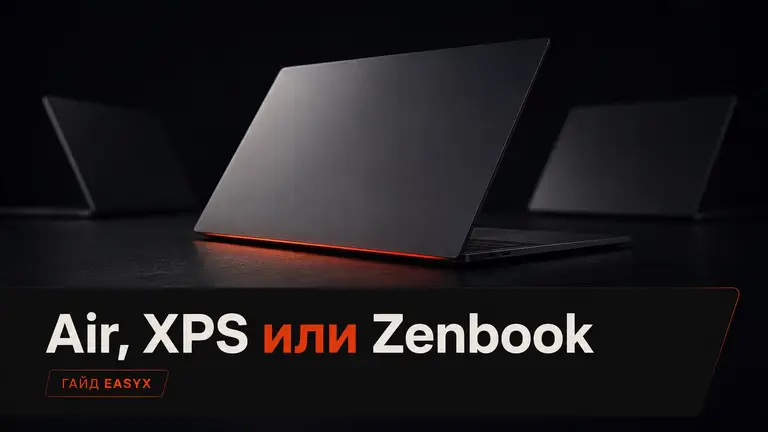 Тонкий ноутбук на тёмном фоне как символ выбора между MacBook Air, XPS и Zenbook