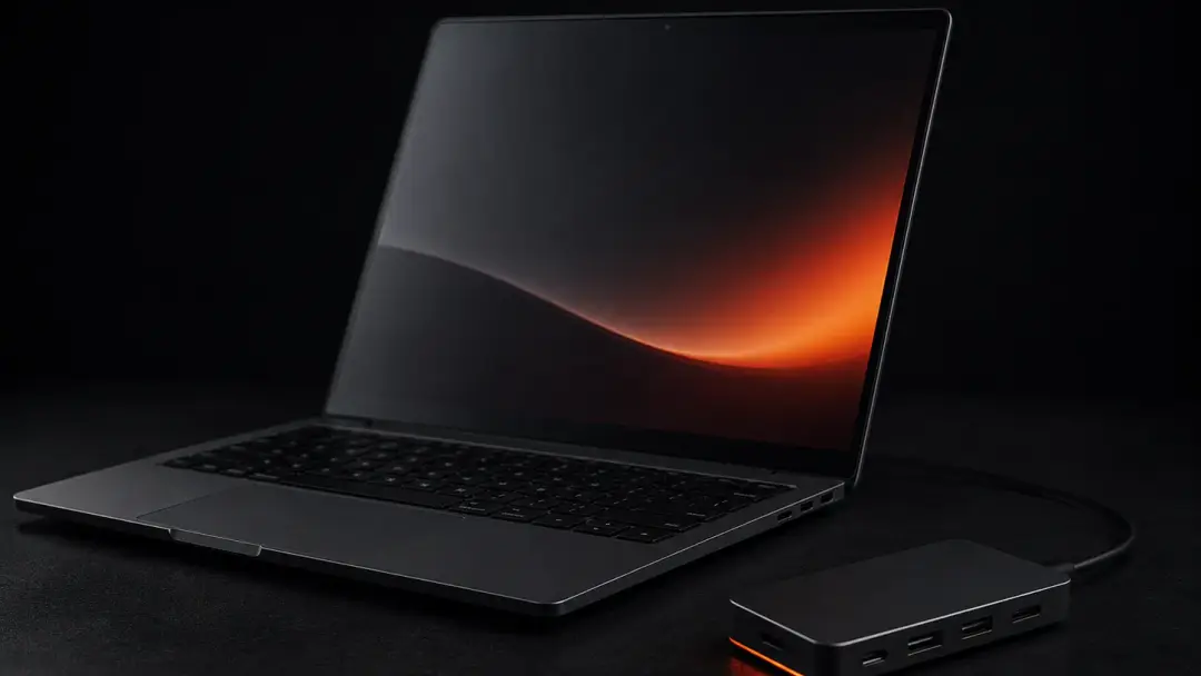 Тонкий ноутбук рядом с небольшим USB-C хабом