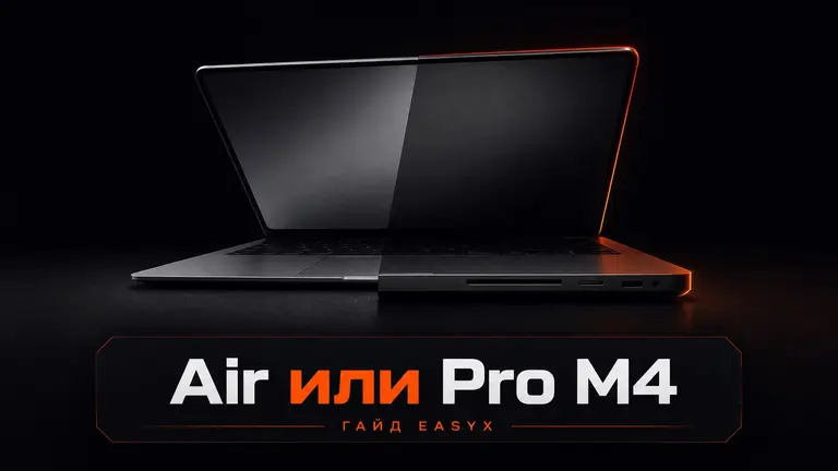 Ноутбук на тёмном фоне как символ выбора между MacBook Air M4 и MacBook Pro M4