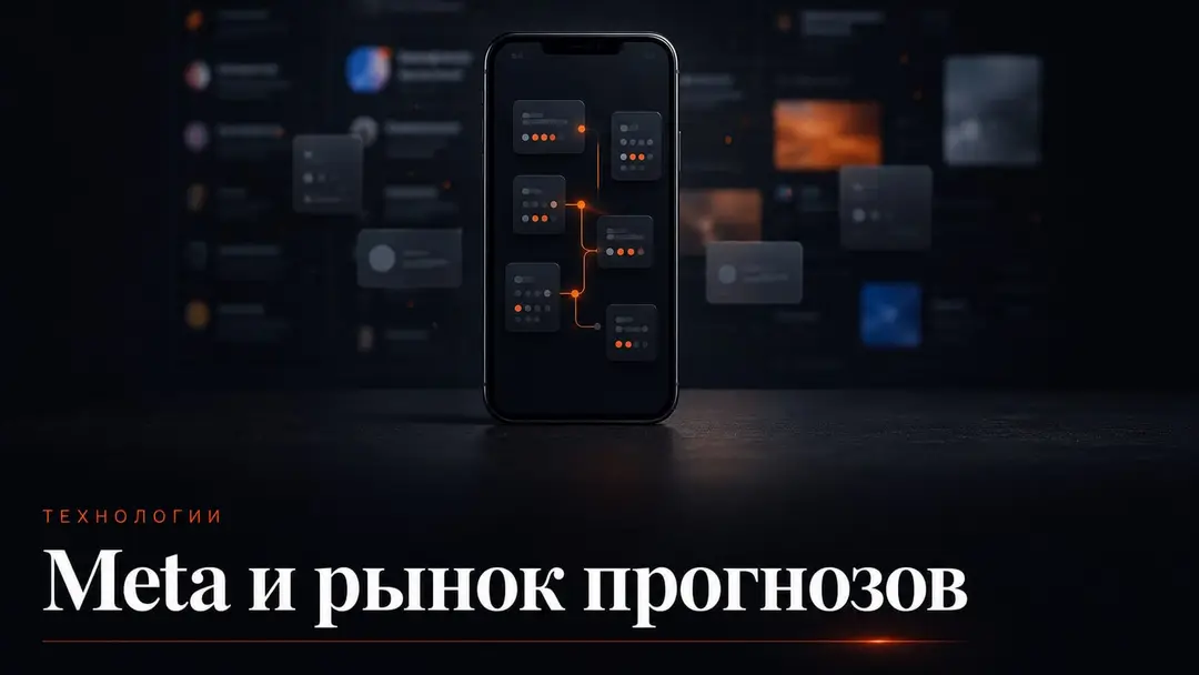 Смартфон с абстрактной сеткой прогнозов как символ интереса Meta к Polymarket и Kalshi