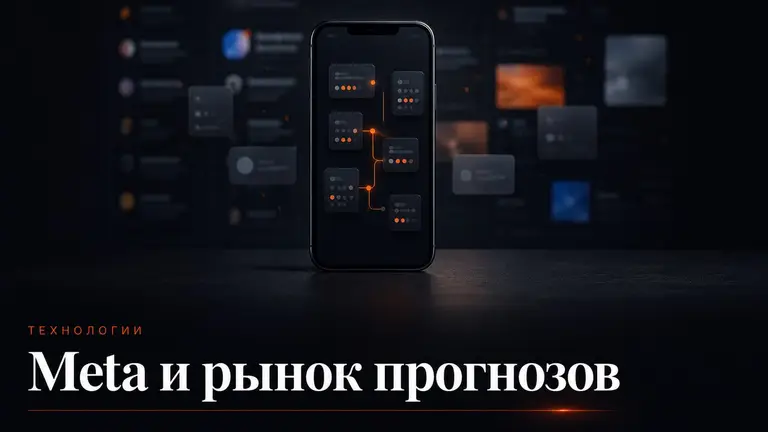Смартфон с абстрактной сеткой прогнозов как символ интереса Meta к Polymarket и Kalshi
