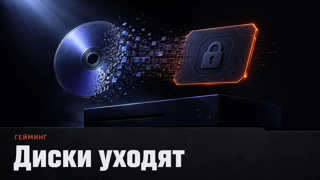 Игровой диск превращается в цифровую карточку доступа на тёмном фоне