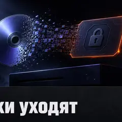 Игровой диск превращается в цифровую карточку доступа на тёмном фоне