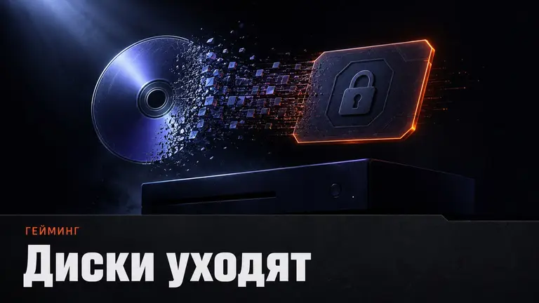 Игровой диск превращается в цифровую карточку доступа на тёмном фоне
