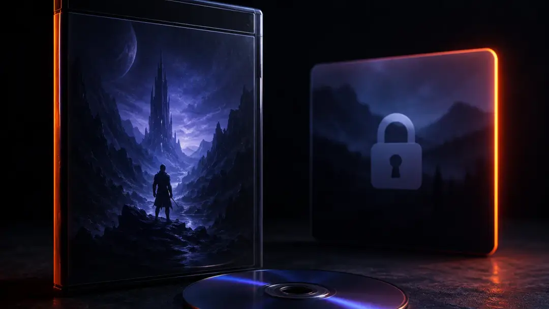 Физическая коробка игры лежит рядом с закрытой цифровой карточкой библиотеки