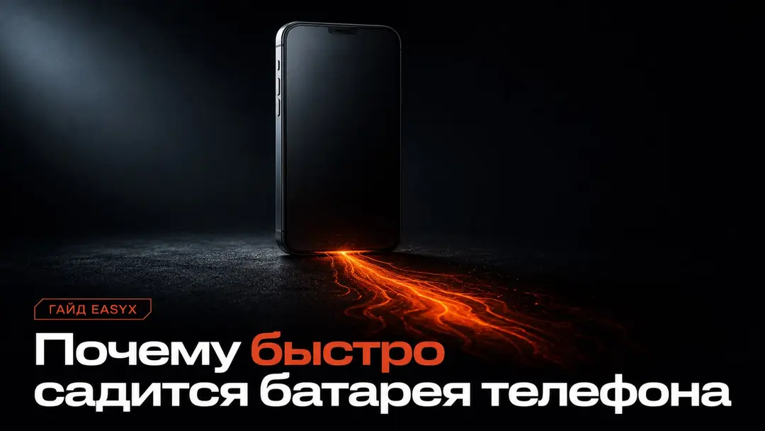 Смартфон с абстрактным низким зарядом на тёмном столе