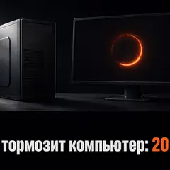 Тёмный компьютер с абстрактным оранжевым кольцом загрузки как символ тормозов ПК