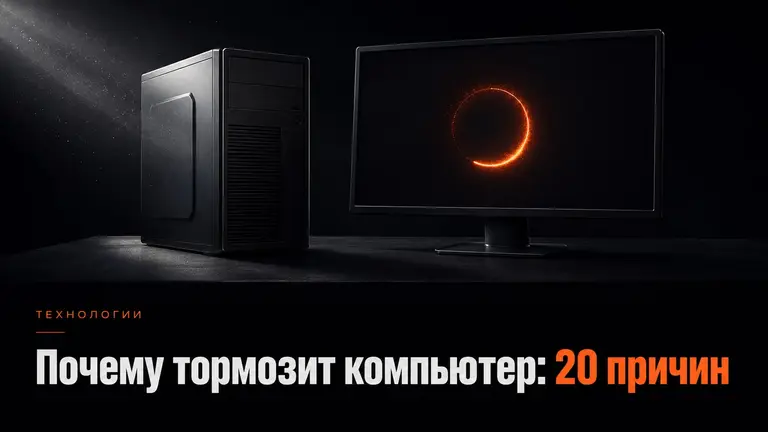 Тёмный компьютер с абстрактным оранжевым кольцом загрузки как символ тормозов ПК