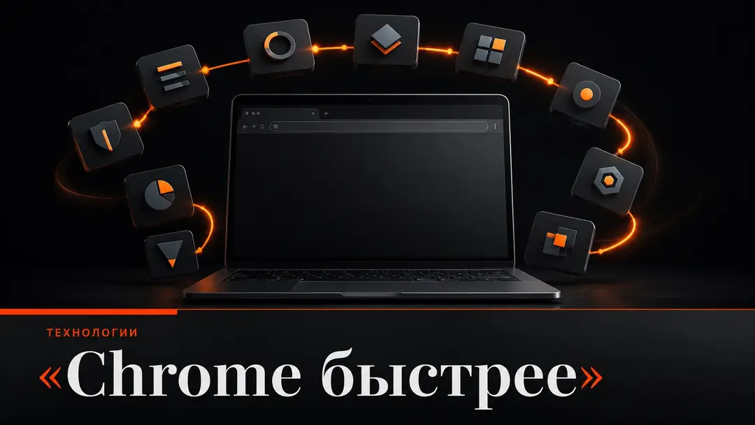 Ноутбук с абстрактными карточками расширений как символ ускорения работы в Chrome
