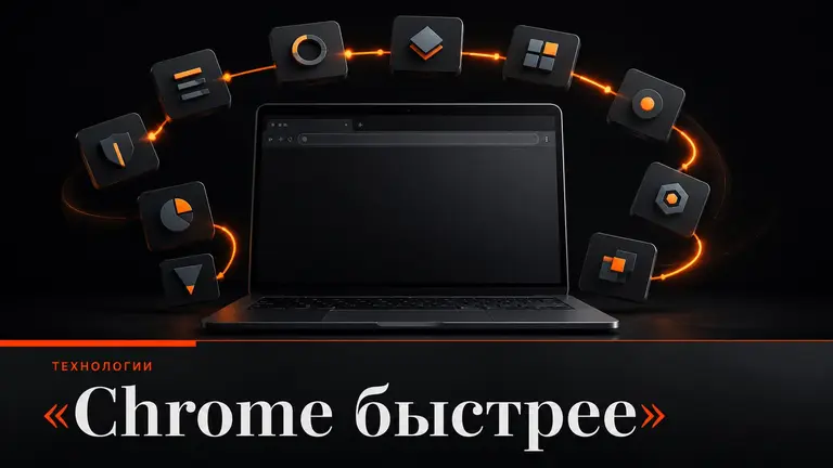 Ноутбук с абстрактными карточками расширений как символ ускорения работы в Chrome