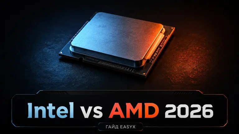 Один процессор на тёмном фоне как символ выбора между Intel и AMD в 2026 году