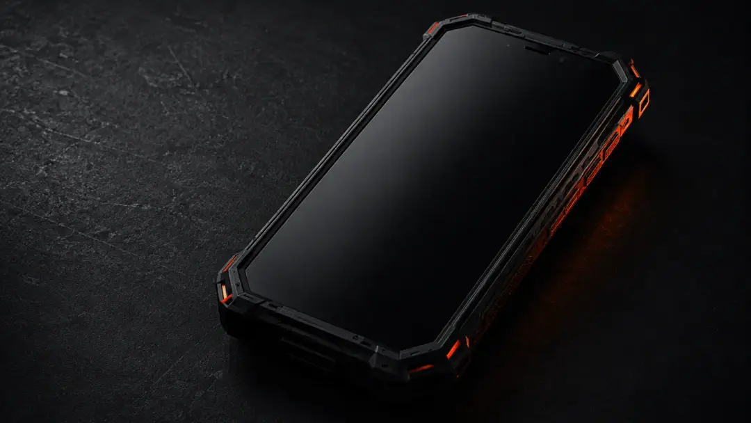 Очень крупный защищённый смартфон на тёмном столе как символ чрезмерного веса