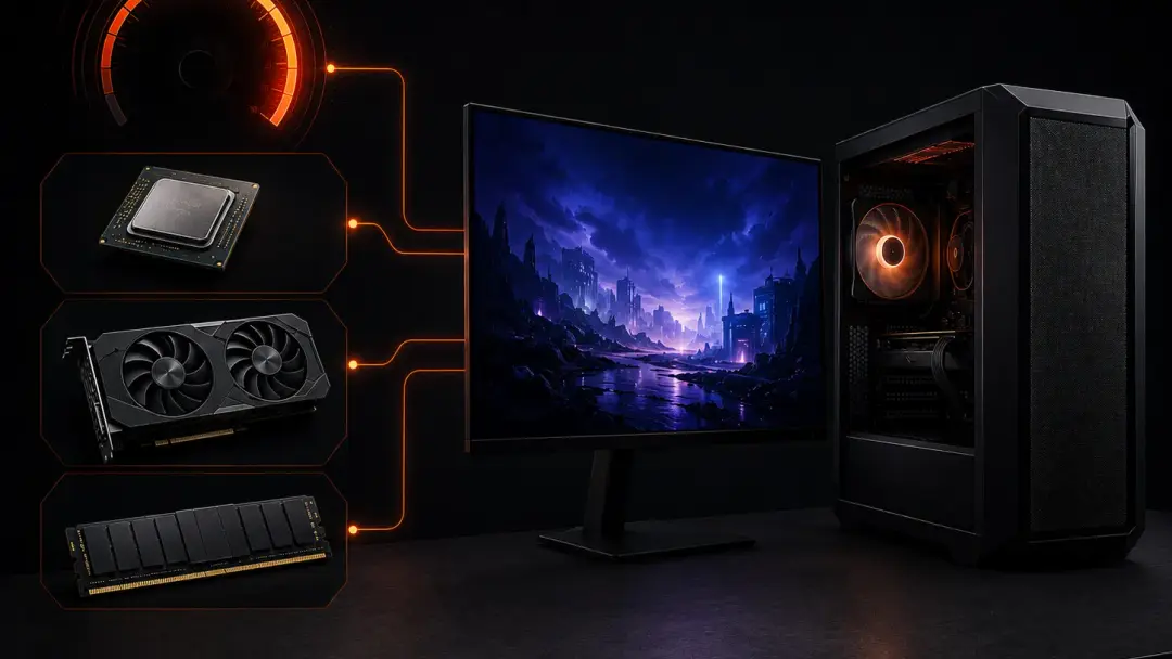 Игровой ПК с абстрактным индикатором FPS и символами комплектующих