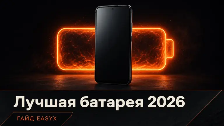 Смартфон на тёмном фоне рядом с абстрактным символом батареи
