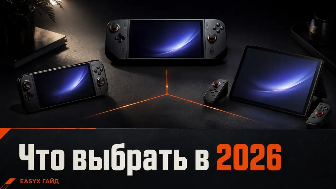 Три портативных игровых ПК на тёмном столе для сравнения выбора