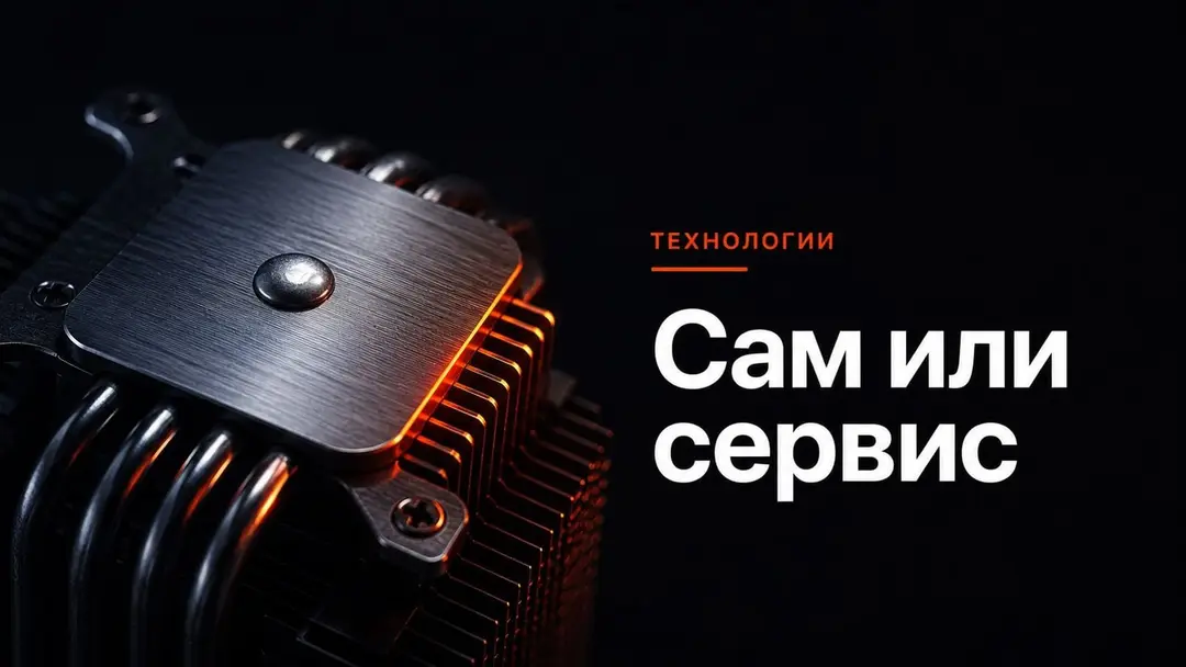 Крупный план подошвы кулера с каплей термопасты в тёмной студийной подсветке с оранжевым акцентом