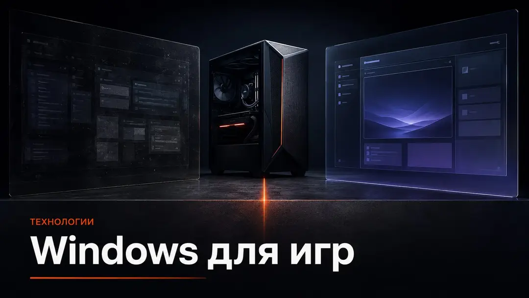 Игровой ПК между двумя абстрактными панелями Windows в тёмной студийной сцене