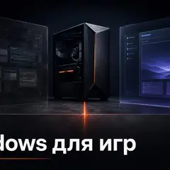 Игровой ПК между двумя абстрактными панелями Windows в тёмной студийной сцене
