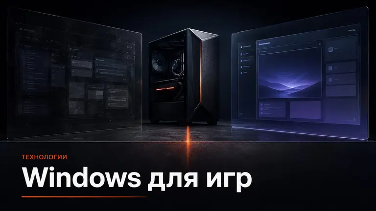 Игровой ПК между двумя абстрактными панелями Windows в тёмной студийной сцене