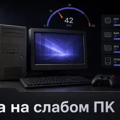 Старый игровой ПК на тёмном столе с абстрактным индикатором FPS перед установкой игры
