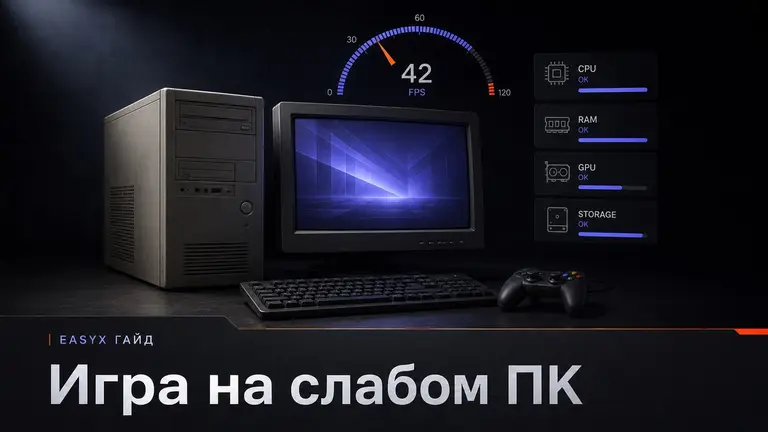 Старый игровой ПК на тёмном столе с абстрактным индикатором FPS перед установкой игры