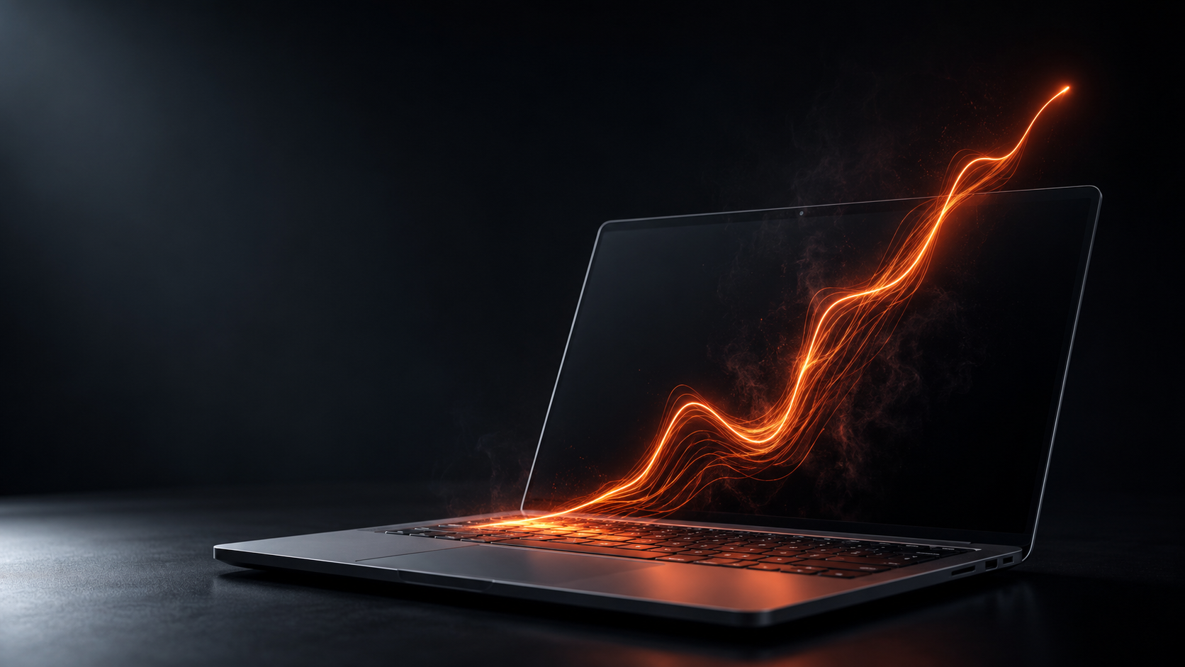 Ноутбук с оранжевым световым следом как символ ускорения Windows 11